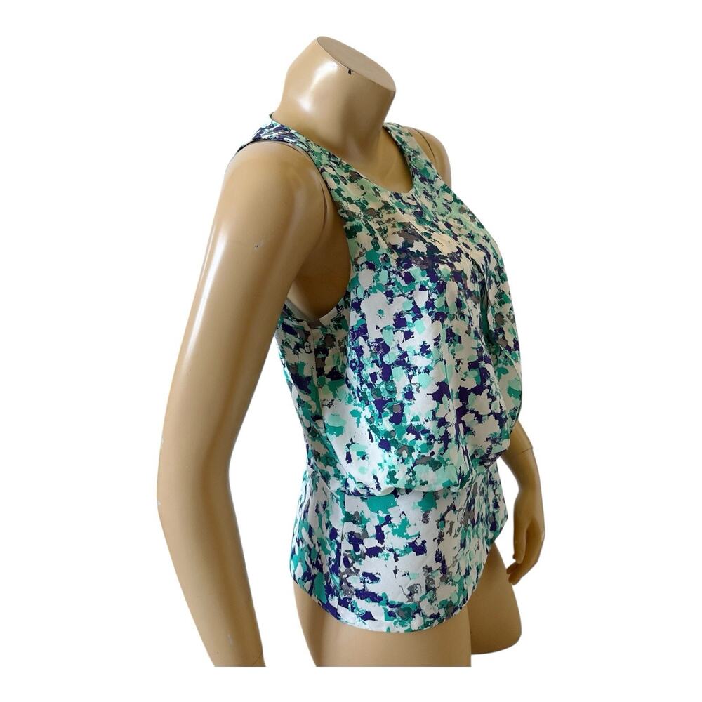 Ann Taylor Blouse Womens 2 Abstract Teal Blue Sleeveless Draped Front Back Zip - Picture 3 of 8